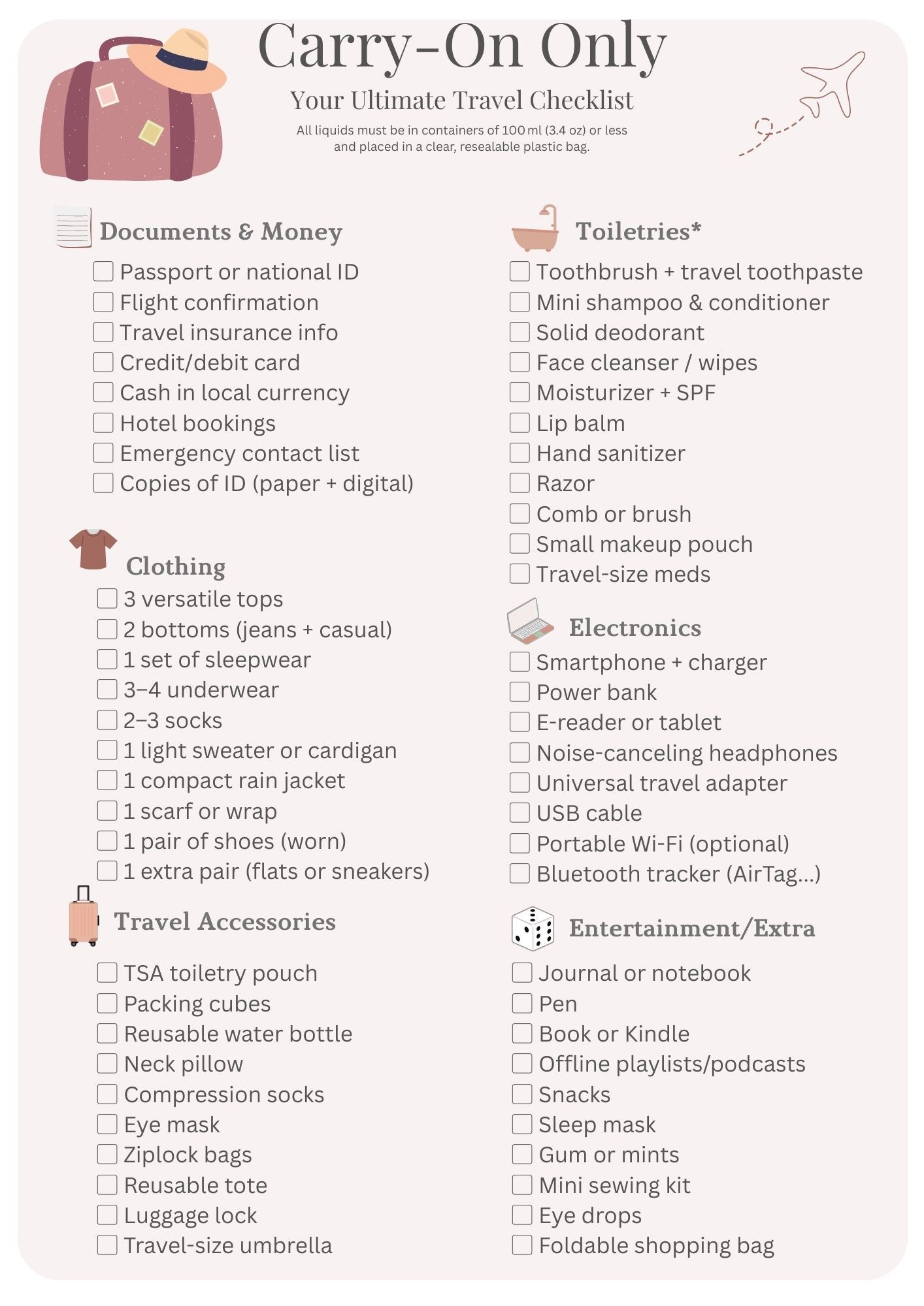Carry-On Travel Packing List – Minimalist Printable Checklist PDF