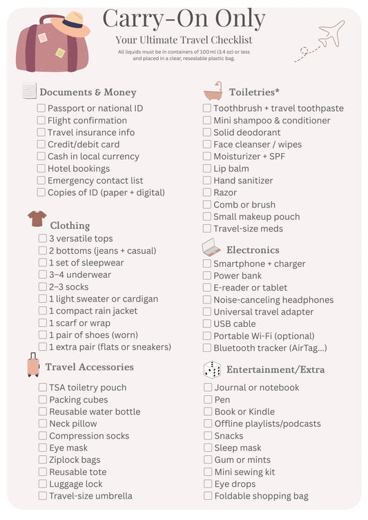 Carry-On Travel Packing List – Minimalist Printable Checklist PDF